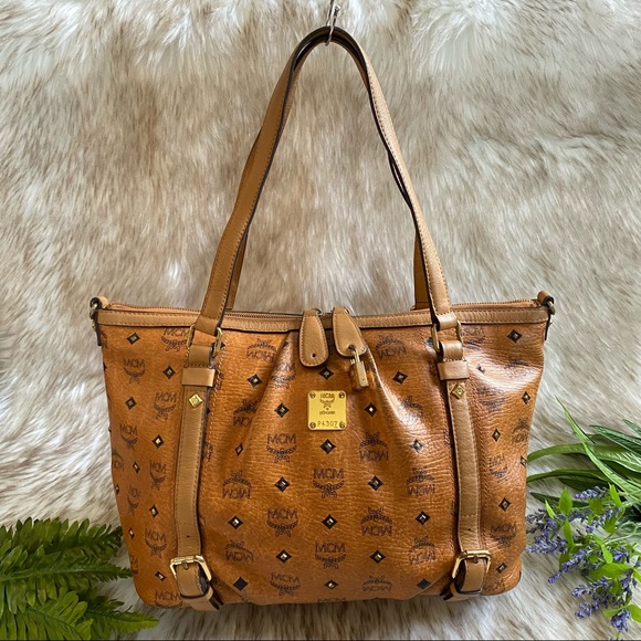 MCM Handbags - MCM Cognac Visetos Studded Tote Bag